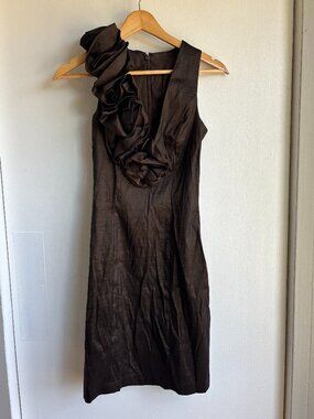 Cache Brown Shantung Ruffle Cocktail Dress Size 6